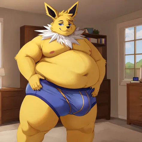 solo, jolteon, anthro, male, obese, large belly, wearing briefs, erection under briefs, smug, indoors, inside bedroom