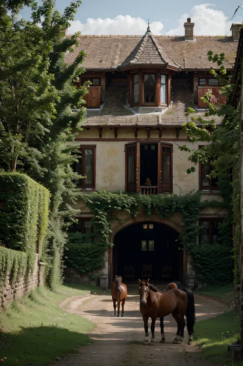 manor with horses and wild strawberries