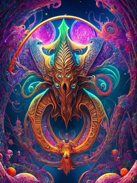 a sexy cthulhu in center in a psychedelic and surreal spiral world, ultra-detailed, with vibrant colors and lighting effects, cr...