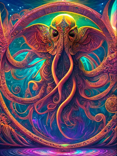 a sexy Cthulhu in center in a psychedelic and surreal spiral world, ultra-detailed, with vibrant colors and lighting effects, creating a masterpiece with 8k and 4k resolution.sexy Cthulhu is depicted with intricate details, merging with the surroundings se...