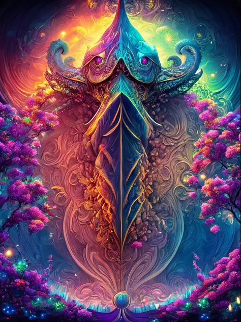 a sexy Cthulhu in center in a psychedelic and surreal spiral world, ultra-detailed, with vibrant colors and lighting effects, creating a masterpiece with 8k and 4k resolution.sexy Cthulhu is depicted with intricate details, merging with the surroundings se...