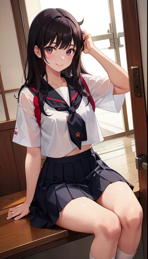 1girl in、a smile、The shirt、skirt by the、Light in the eyes、（small tits）Chilarism、Japan High School Student Uniform、serafuku、summer clothing、Squall-soaked uniform、Sheer bra、（Portrait from the knee up）、