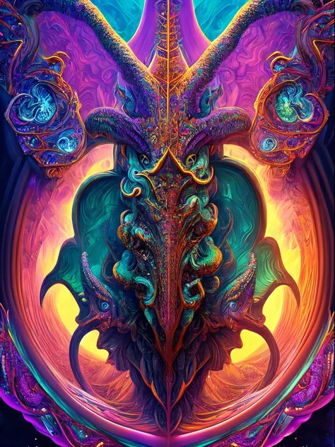 a sexy Cthulhu in center in a psychedelic and surreal spiral world, ultra-detailed, Ultra Sharp , with vibrant colors and lighting effects, creating a masterpiece with 8k and 4k resolution.sexy Cthulhu is depicted with intricate details, merging with the s...