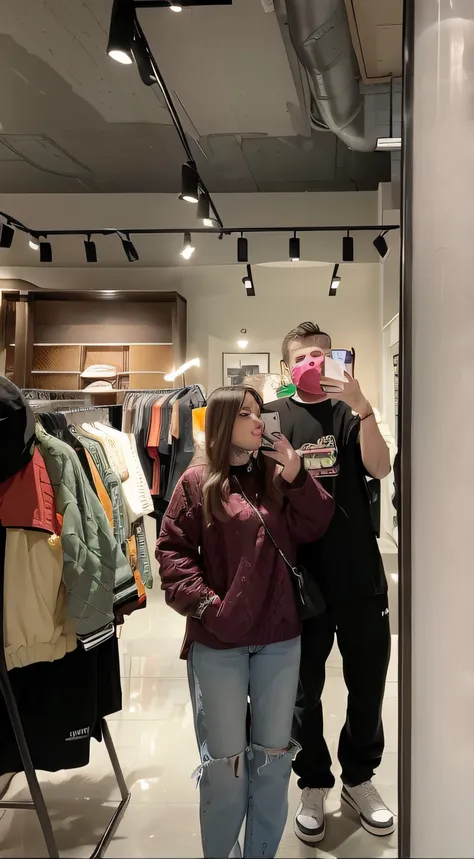 there is a man and a woman taking a selfie in a store, wearing a fisher 🧥, 😭 🤮 💕 🎀, by Emma Andijewska, 🔞🤡, in a mall, at a mall, people shopping, 🤬 🤮 💕 🎀, trending on r/streetwear, bladee from drain gang, cold as ice! 🧊