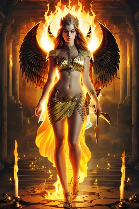 psyche the goddes with her eyes on fire, and with an angry face, with a knife in the right hand