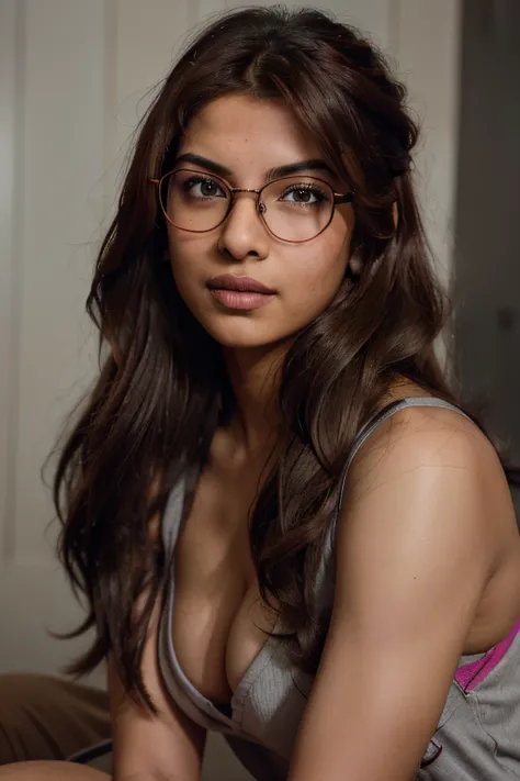 photo of studly, 20yo beautiful Priyanka Chopra, long hair, redhead, glasses, (looking shy:1.3), freckles, detailed face, embracing femininity and allure, stroking hair, Fuchsia and gray hair, detailed skin, 8k uhd, dslr, high quality, film grain, Fujifilm...