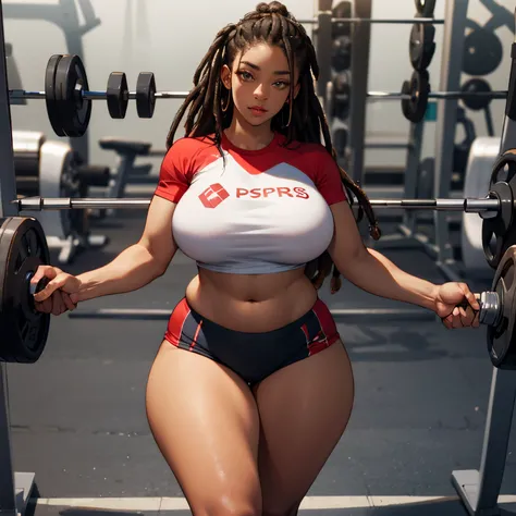 dark-skinned female, gym outfit, poitrine, gros seins, voluptueux, thick thighs, Oppai, hanches larges, Sinueuse, gros cul, cul massif, dreadlocks