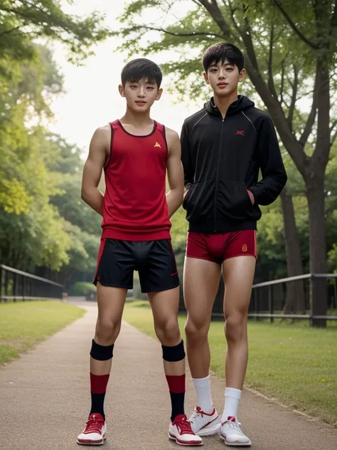 16 years old teenagers , very young , light-skin , wearing an dark red sexy underwear, tmasterpiece，k hd，the feet，Transparent sports vest，semi transparent，black long socks，The barefoot , red colour , handsome and cute , extreme cute boy , white skin , dark...