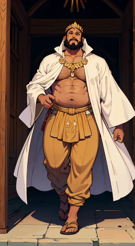 king, walking, brown skin, tall, fat, man, tunic, robes, big belly, strong, harem pants, sandals