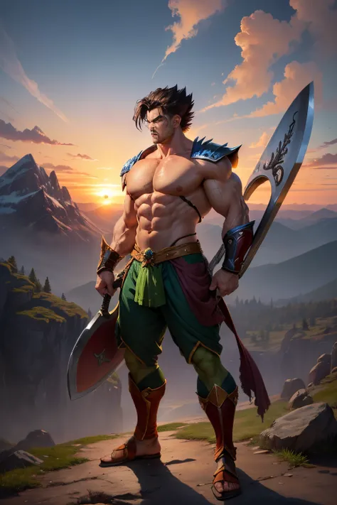 A full color anime drawing of a mythical warrior named Brock, anime style, detailed muscles, rugged face, caucasian, brown eyes, very tall and buff, bigger size than the incredible hulk, bald, sleep-deprived facial stubble, heavy magic armor, bare chest wi...