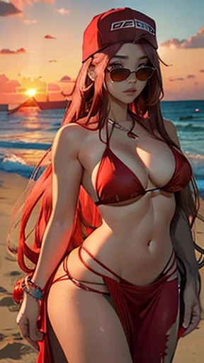 Gorgeous sexy woman at the beach with long flowing red hair, a bikini with a sarong, curvy body with wide hips, snug expression, athletic fit body, beautiful perfect European face, sunset in summer, bonfire, 8k masterpiece RAW photo, raytracing and incredi...