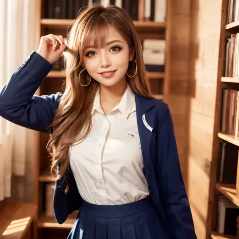 ((top-quality、masutepiece、8K、Top image quality))、(1 photo:1.5)、Highly saturated、1 schoolgirl、((Navy Blazer for Uniforms、Red ribbon on chest、Uniform Shirt、pleatedskirt))、The happiest smile、View me、waved hair、The background is the library、Detailed bookshelf、...