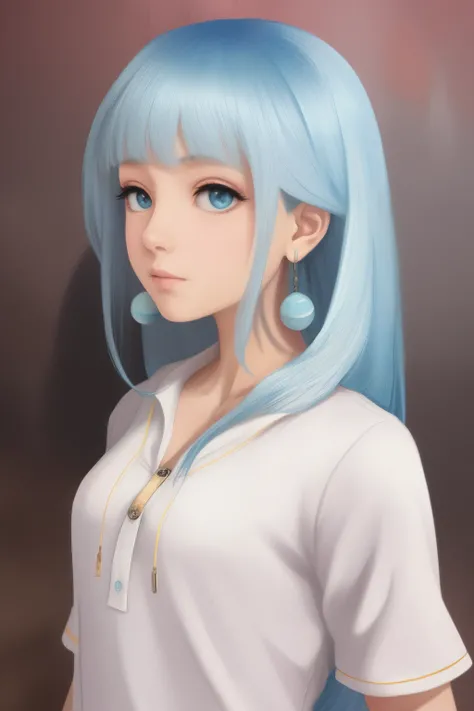 White skin, long light blue hair, Pokémon style, 10 year old girl, white earrings