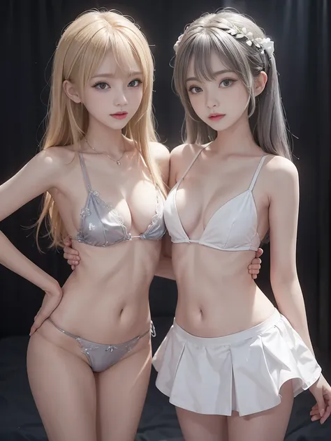 (Two girls of the same age:1.2) , couple focus, Adorable, Russian slender girl, Young features, Hair is blonde and platinum blonde,  Stand next to each other ,  both girls are naked((small tits)), (Smile:0.7),  (High color saturation:1.2), Best Quality, 超A...