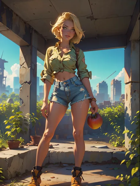 2076 year. The Urban Ruins of the Wasteland, Female huntress picking fruit in the garden, beautiful face, blonde, badly torn shirt and denim shorts ,  long legs, sweating through, sun rising, Nice warm colors, head to toe, full body shot, pretty hands, per...