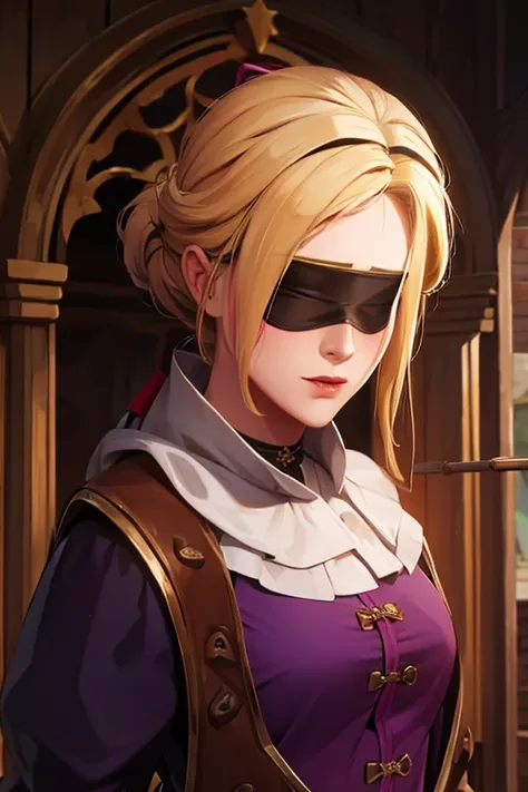 blonde woman, blindfold, medieval outfit with purple details