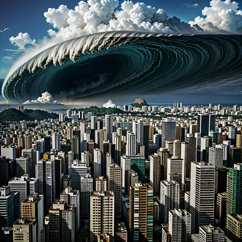 there is a photo of a city with a big wave coming, Rio de Janeiro em um filme de anime, sao paulo in the year 2 0 7 0, cartaz do filme do desastre, tsunami, Destruindo uma paisagem urbana, destroyed city in the background, Destruindo uma cidade, Fim do Mun...