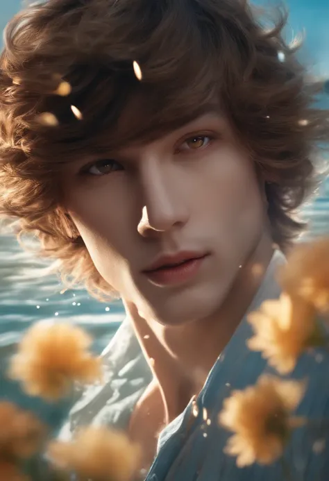 (Master Parts), (Best Quality), (ultra-detailliert),(shaggy hair),(Illustration), (1 man), Standing, fashion modell, look at viewr, (interview), (细致背景),beatiful detailed eyes, delicate and beautiful face, floating,(High color saturation),(colorful water sp...