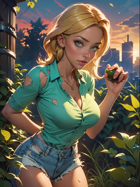 2076 year. The Urban Ruins of the Wasteland, Female huntress picking fruit in the garden, beautiful face, blonde, badly torn shirt and denim shorts ,  long legs, sweating through, sun rising, Nice warm colors, head to toe, full body shot, pretty hands, per...