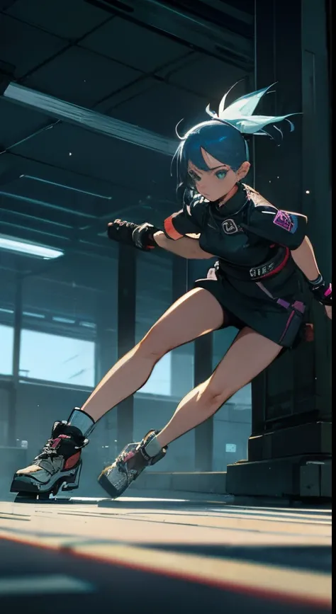 cyberpunk, 1girl, roller blades, action