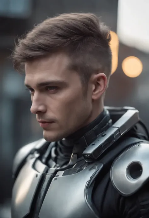 Realistic, Create a humanoid male portrait, In a cyber-punk style, Futuristic armor with details, High quality, 4K, 8K