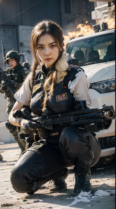 arafed woman in military uniform posing with a fire rifle,, infantry girl, military girl, soldier girl, beautiful female soldier...