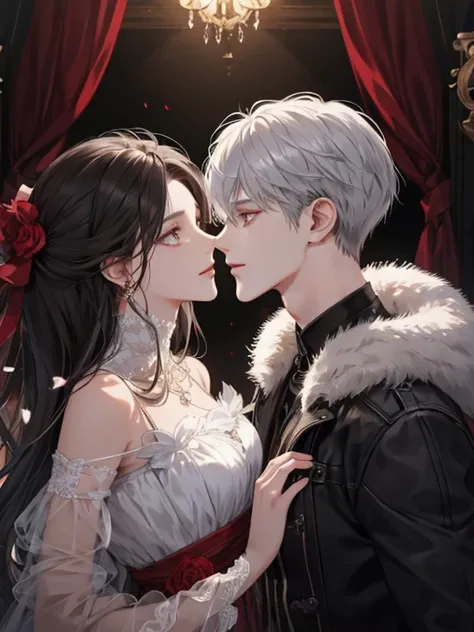 (extreamly delicate and beautiful:1.2), 8K, (tmasterpiece, best:1.0), Two male, One female, Upper body body, black-haired, silver hair, red dark hair, love triangle, 2 male 1 female - love triangle, 3 people