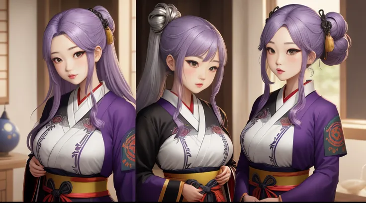 Kirio Hikifune is a plump, purple-haired lady with stylized swirl-shaped markings on her black cheeks and lips.. She has a large silver ornament in her hair and wears the standard Shinigami uniform underneath a long-sleeved white haori decorated with the e...