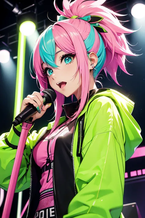 fluorescent pink hair、fluorescent green clothes、male rock singer、Singing、vivd colour、Pop colors、neon color