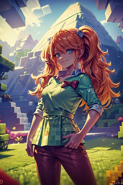 Minecraft mundo cuadriculado bosque estilo minecraft ((Alto detalle, La mejor calidad, 4k, Obra maestra, Disco duro:1.3)), 1girl, solamente, girlish, Alex, cabello rosa, Camisa verde, pantalones marrones, Botas grises, Sentarse en la hierba, They are smili...