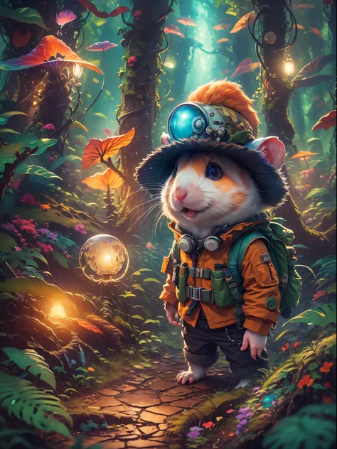 (Best quality at best, 8K, A high resolution, tmasterpiece:1.2), ultra - detailed, (actual, realistically, realistically:1.37), Vibrant colors, magical ambiance, Whimsical, ((1 cute hamster adventurer，Wear a lightweight and durable adventure gear，Camouflag...