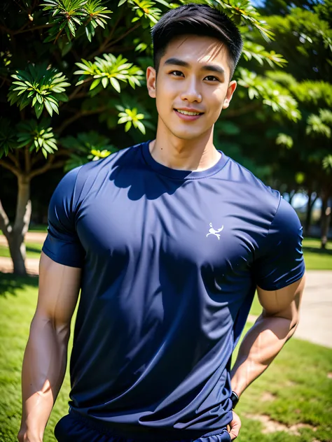 1 man, smile, (wear a short-sleeved sports shirt..), navy cargo pants, young korean , korean men, (high shadow detail), pectoral...