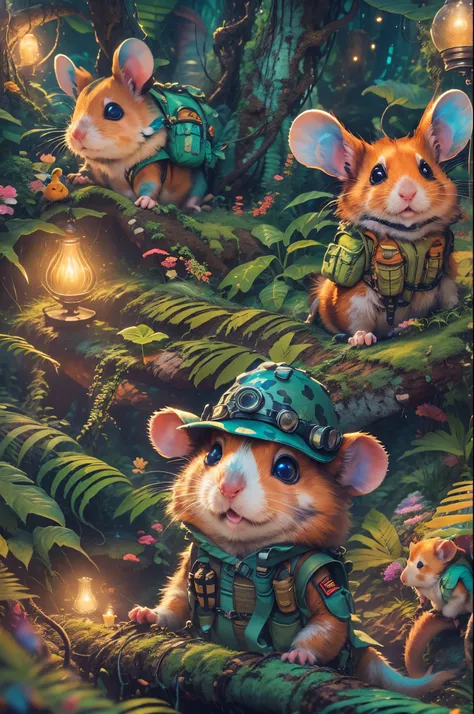 (Best quality at best, 8K, A high resolution, tmasterpiece:1.2), ultra - detailed, (actual, realistically, realistically:1.37), Vibrant colors, magical ambiance, Whimsical, ((1 cute hamster adventurer，Wear a lightweight and durable adventure gear，Camouflag...