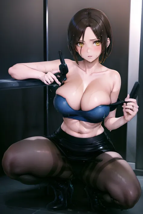 masutepiece, Best Quality, 1girl in, (jillvalentine), Brown hair, (Yellow eyes:1.2),((Shower room))、((Black bra))、((pencil skirts))、((Office Suits))、((Blouse))、((Black miniskirt))、((pantyhose))、((high-heels))、((Whole body gets wet))、((sodden))