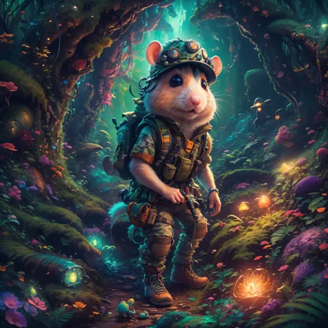 (Best quality at best, 8K, A high resolution, tmasterpiece:1.2), ultra - detailed, (actual, realistically, realistically:1.37), Vibrant colors, magical ambiance, Whimsical, ((1 cute hamster adventurer，Wear a lightweight and durable adventure gear，Camouflag...