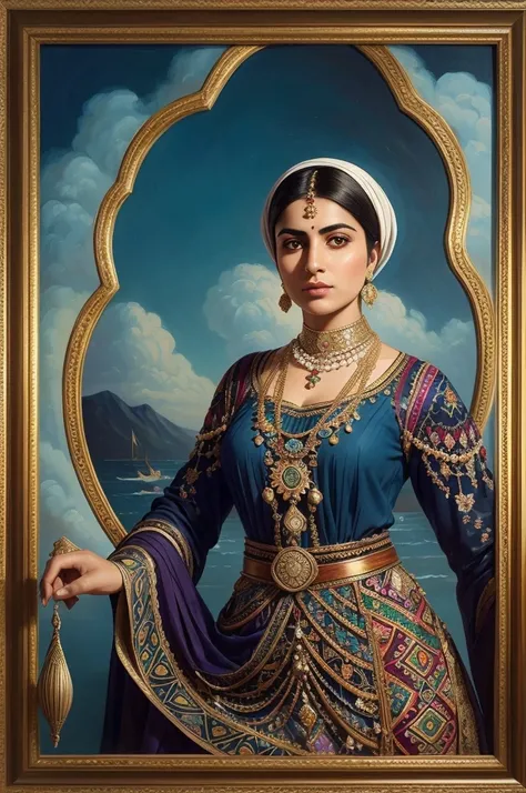 , Persian Qajar period woman , ((30 years old)) ,   in traditional with #0f0 Hex color
dress ,  include (((fish pattern on dress)))  ,  ((background contains painting of clouds)), floral frame , ((perfect rectangular frame))