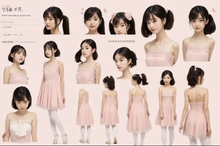 ((reference sheet)), a realistic one, detailed art , Seven-head body ratio、A girl with super long twin tails reaching her waist. She is wearing a strapless dress, Light pink dress with spaghetti straps，Decorated with floral pattern and small strawberries, ...