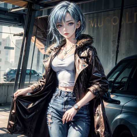 Cinematic lighting、16k picture quality、highlydetailed skin、masutepiece,(1girl in, Solo)、Best Quality,cyberpunked,(1beautiful woman、Detailed beautiful facial features、Medium Hair、Blue hair、blue eyess:1.3)Rosary Necklace、
BREAK is a casual Parisian stripe,
b...