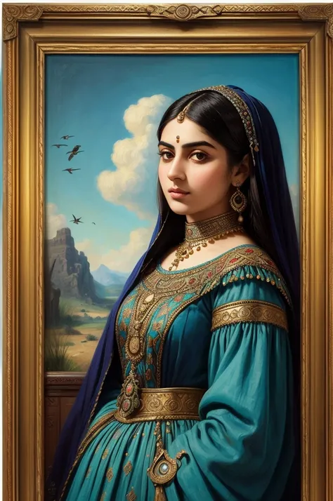 Persian Qajar period woman , ((25 years old)) , casual face , , Bright dark face
, ((detailed face)) , Rembrandt light ,  in traditional Turquoise dress , fish pattern on dress , ((background contains painting of birds among clouds )), ((perfect rectangula...