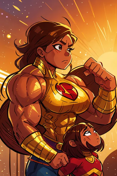 Mexican muscle woman flexing muscles wearing gold superhero outfit, muscle woman, big muscles, huge muscles, massive muscles, mature woman