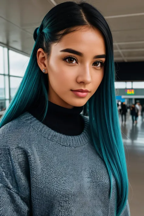 photo of (emikin:0.99), full body shot, full body portrait , can see legs in photo , legs, body a woman as a sexy TikTok influencer, cobalt hair, blue hair , teal hair , twintails, piggy tails, happy, wearing tracksuit, indoors , at airport , awaiting flig...