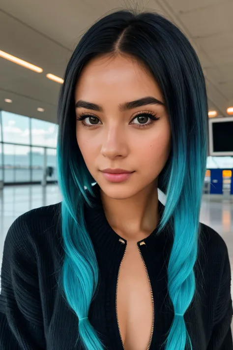 photo of (emikin:0.99), full body shot, full body portrait , can see legs in photo , legs, body a woman as a sexy TikTok influencer, cobalt hair, blue hair , teal hair , twintails, piggy tails, happy, wearing tracksuit, indoors , at airport , awaiting flig...