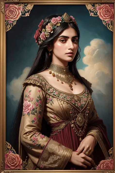 Persian Qajar period woman , ((28 years old)) , casual face , , Bright dark face
, ((detailed face)) , Rembrandt light ,  in traditional color #c270a0 hex color dress ,((rose pattern on dress)) , ((background contains painting of birds among clouds )), ((p...