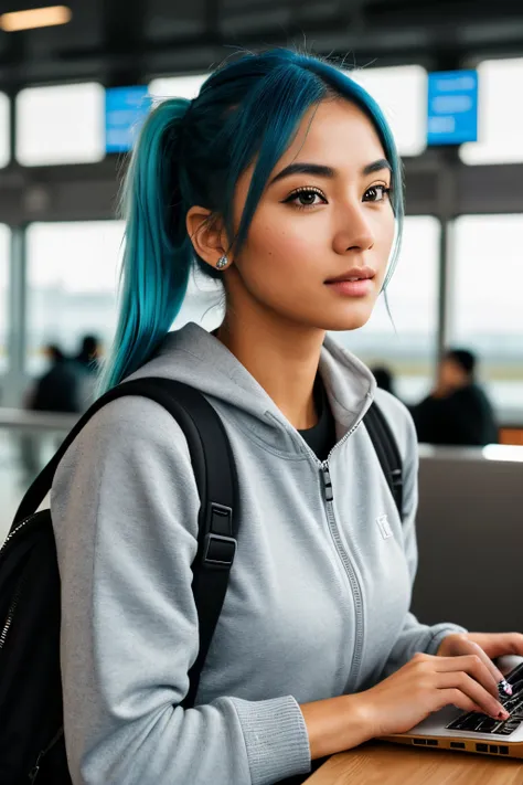 photo of (emikin:0.99), full body shot, full body portrait , can see legs in photo , legs, body a woman as a sexy TikTok influencer, cobalt hair, blue hair , teal hair , twintails, piggy tails, happy, backpack, grey tracksuit, indoors , at airport , awaiti...