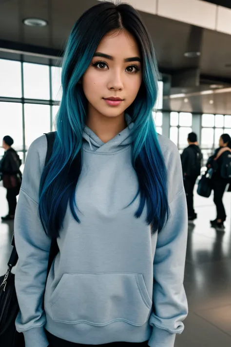 photo of (emikin:0.99), woman as a sexy TikTok influencer, cobalt hair, blue hair , teal hair , twintails, piggy tails, backpack, grey tracksuit, indoors , at airport , awaiting flight, background airport flight board , bangkok airport , world traveling , ...