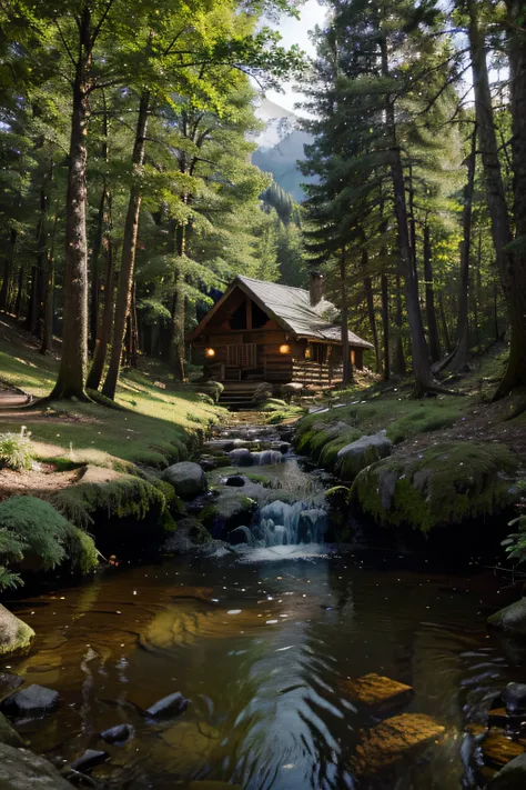 woodland with many trees with a stream running through it and a mountain cabin,