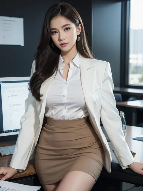 (8k, highest quality, ultra detailed:1.37), (Janette), 18yo, (a sophisticated Afrikaner college girl), exudes professionalism in a modern office setting. Dressed in a tailored Blazer and Pencil Skirt combo, she showcases her impeccable style and confident ...