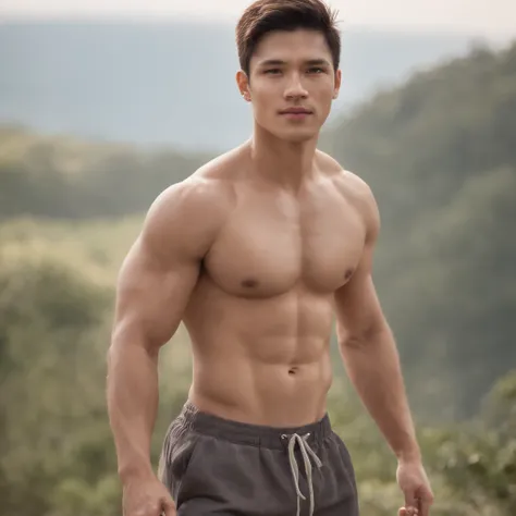 1 man，1 male,Realistic, (masutepiece, of the highest quality, Best Quality, offcial art), Very detailed, best detailed, god, Short hair, Black hair, Handsome man, Necklace, breastsout, Abs, Brown skin, Black eyes, Handsome， muscular, ((broad shoulders and ...