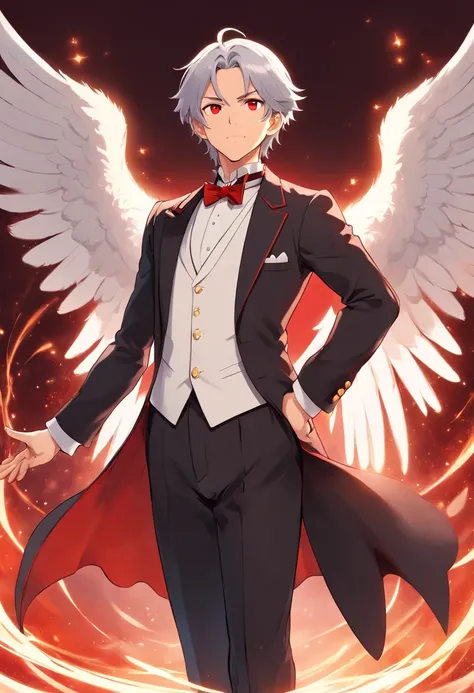 A dignified appearance as a male butler, brave and very smart, Well-shaped face and bright red eyes.Angel in T pose.