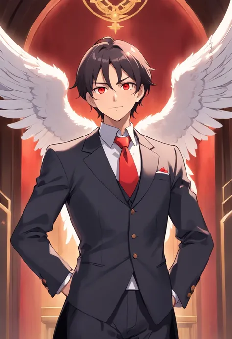 A dignified appearance as a male butler, brave and very smart, Well-shaped face and bright red eyes.Angel in T pose.